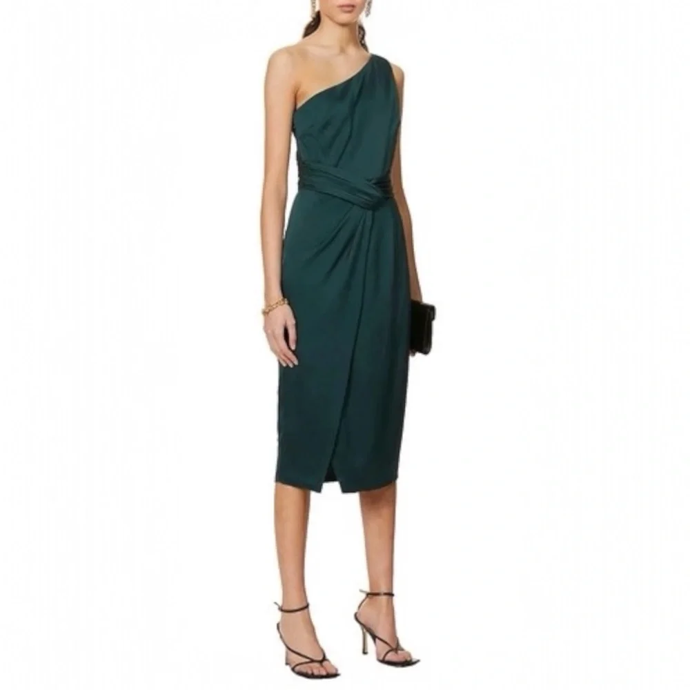 Ted Baker Zaaraa One-Shoulder Satin Draped Sheath Cocktail Dress Deep Green - Picture 3 of 13